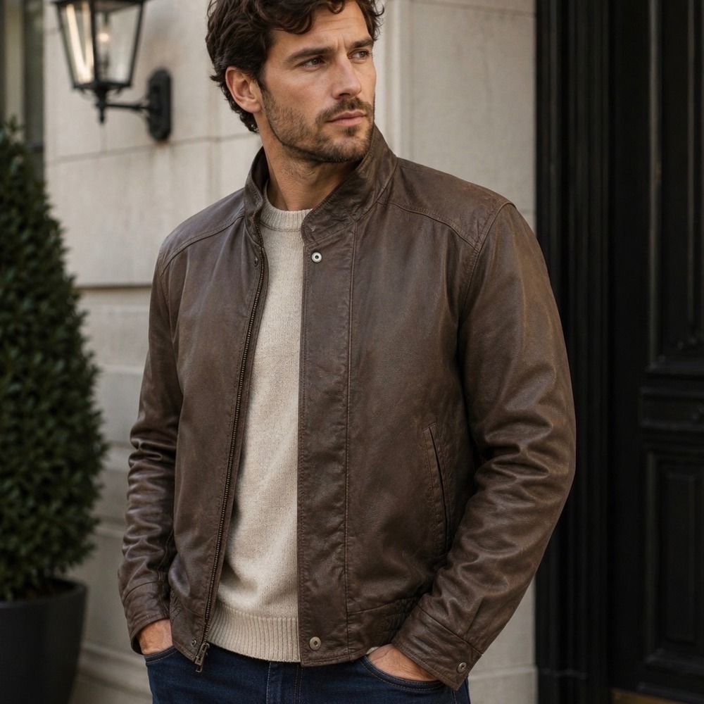 Johnston & Murphy Mens Brown Leather Handcrafted Bomber Jacket Size 42